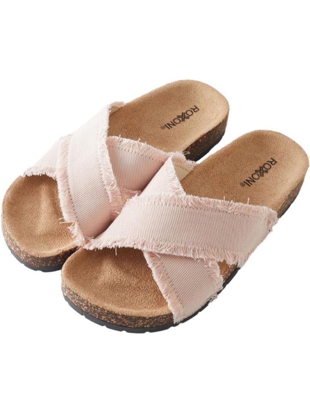 🆕 Women's Pink Denim Crisscross Slide Sandals Cork Footbed Fringed Shoes